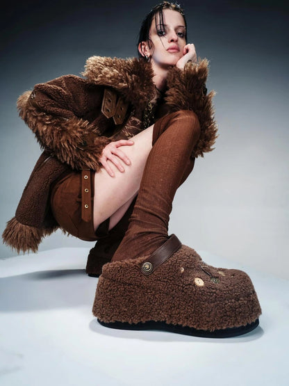 Ankh Platform Shearling Slide Sandals