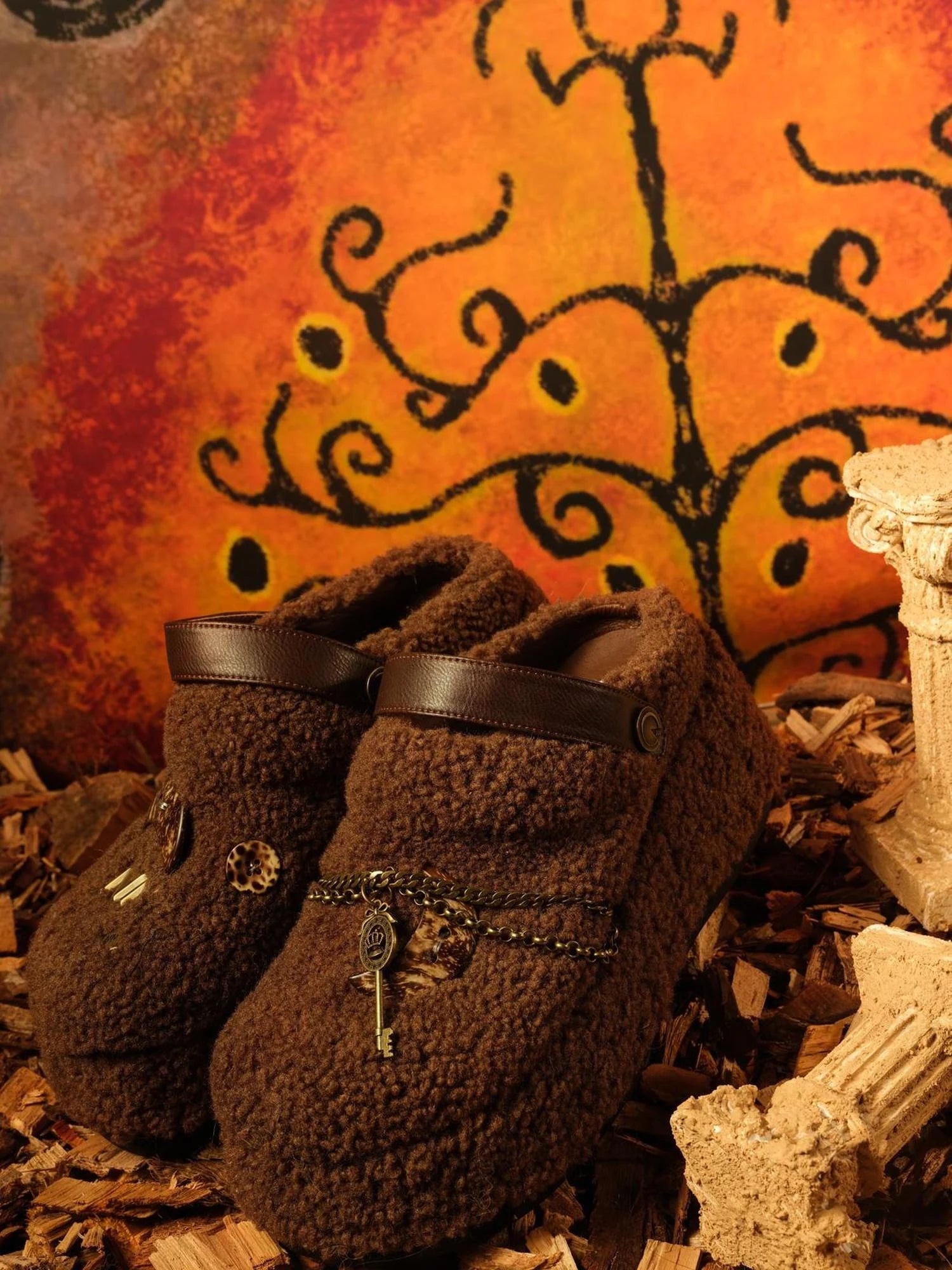 Ankh Platform Shearling Slide Sandals