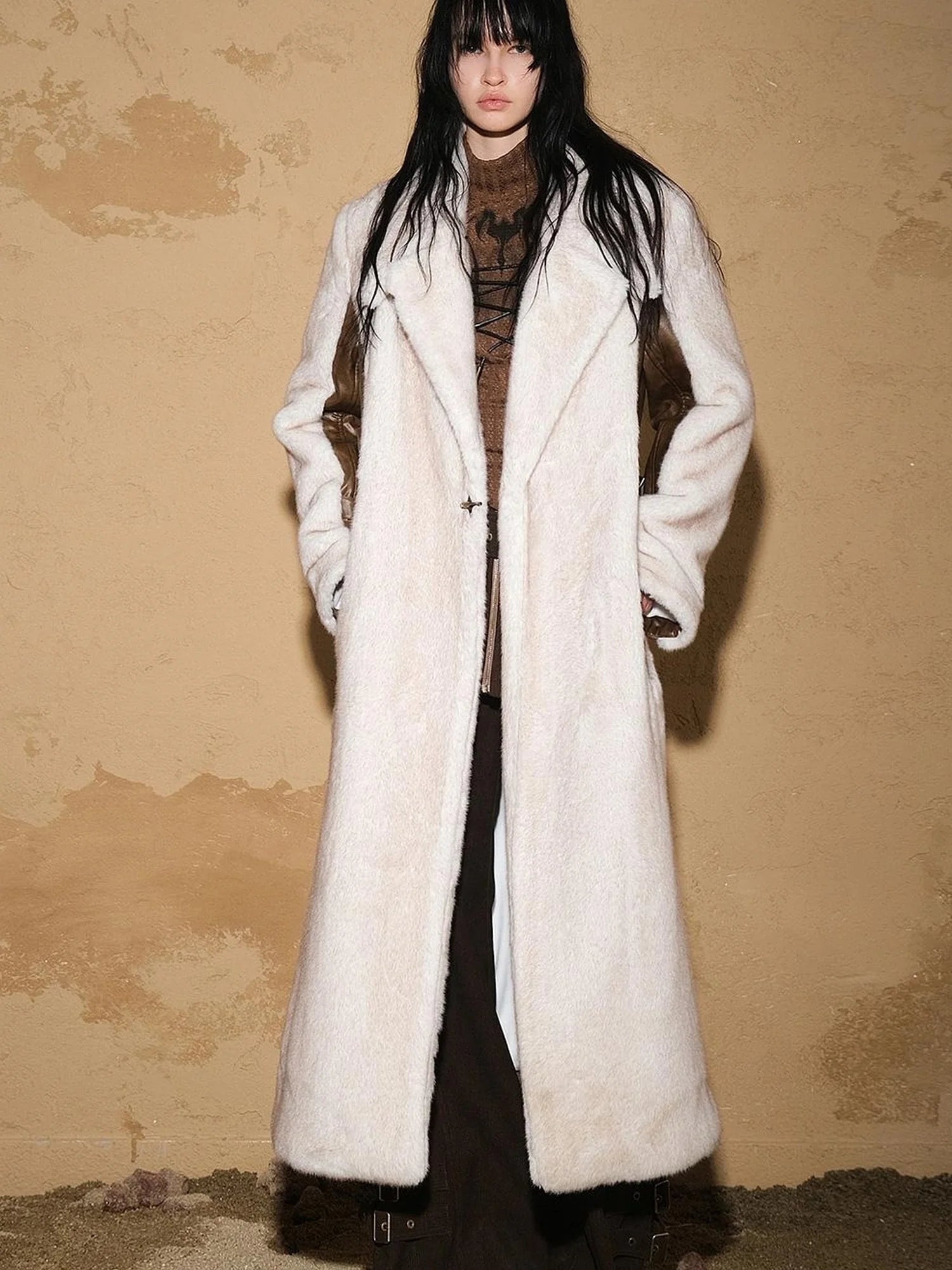 Astrological Patchwork Plush Long Coat V-neck T-shirt Long Sleeve