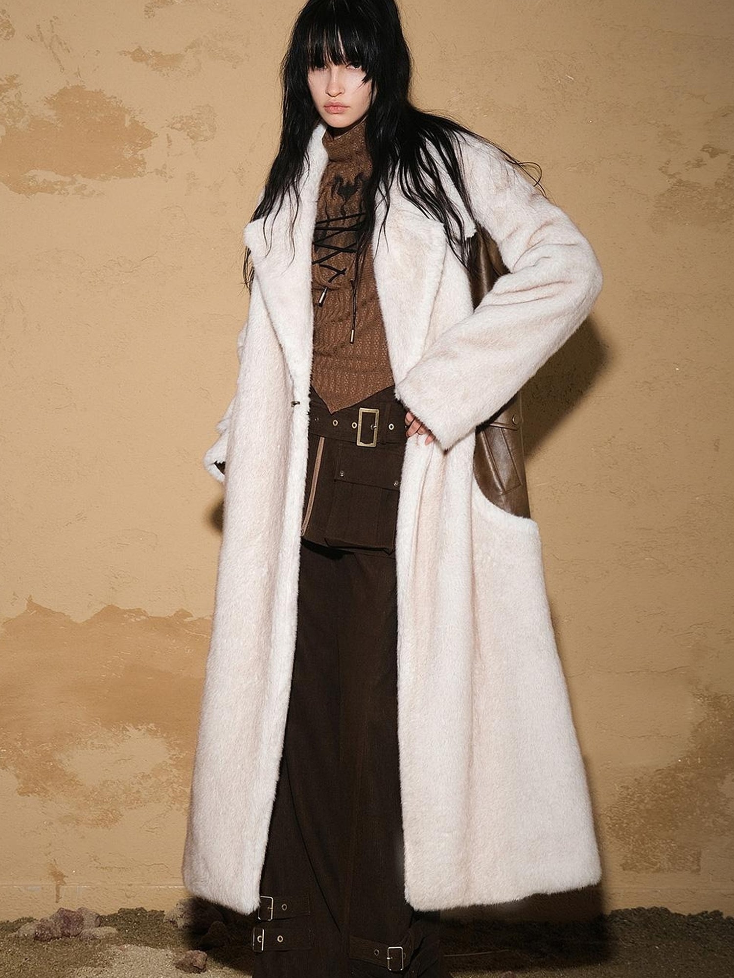 UpdateNN NORTH NODE Astrological Patchwork Plush Long Coat V-neck T-shirt Long Sleeve