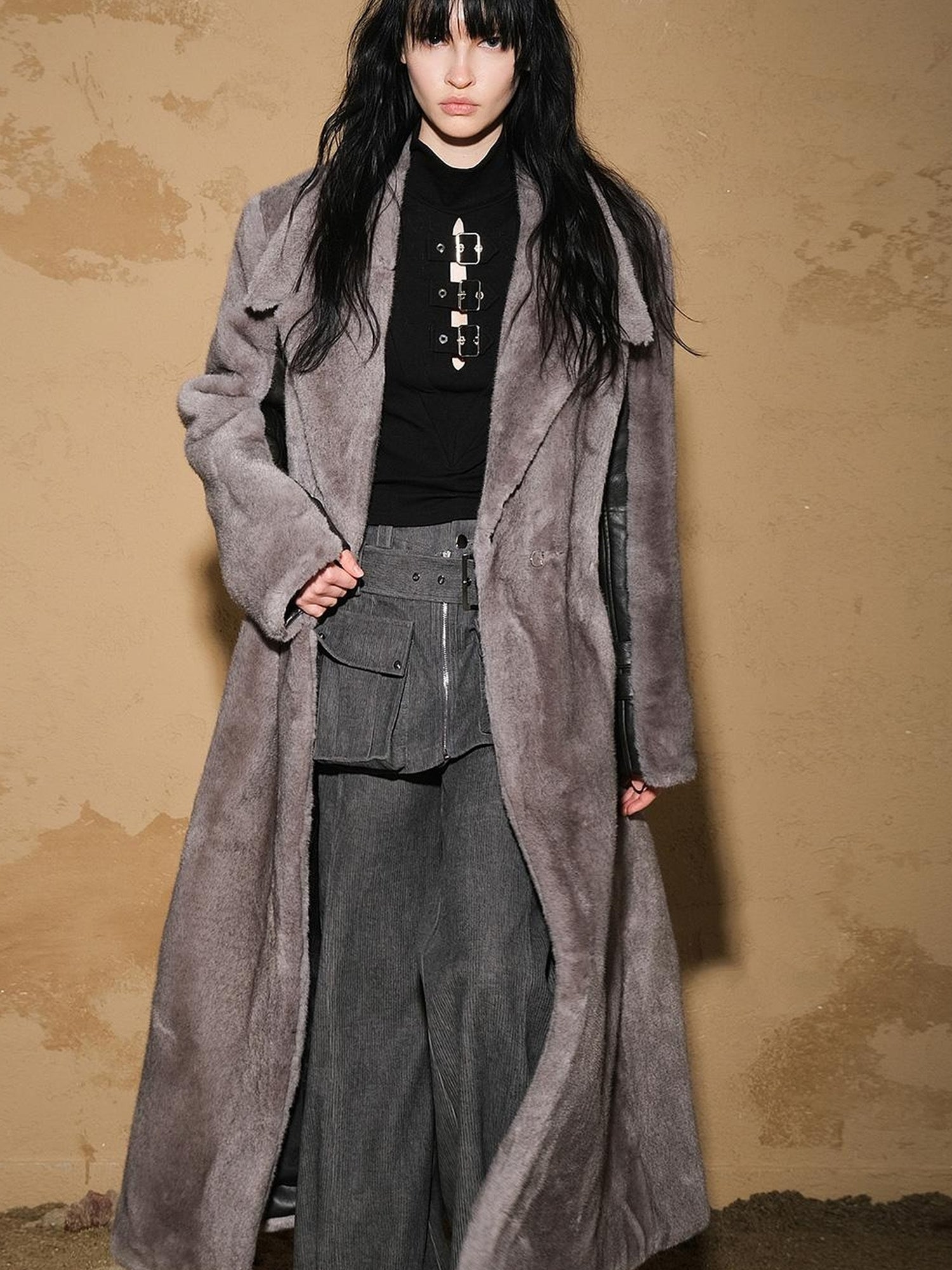 UpdateNN NORTH NODE Astrological Patchwork Plush Long Coat V-neck T-shirt Long Sleeve