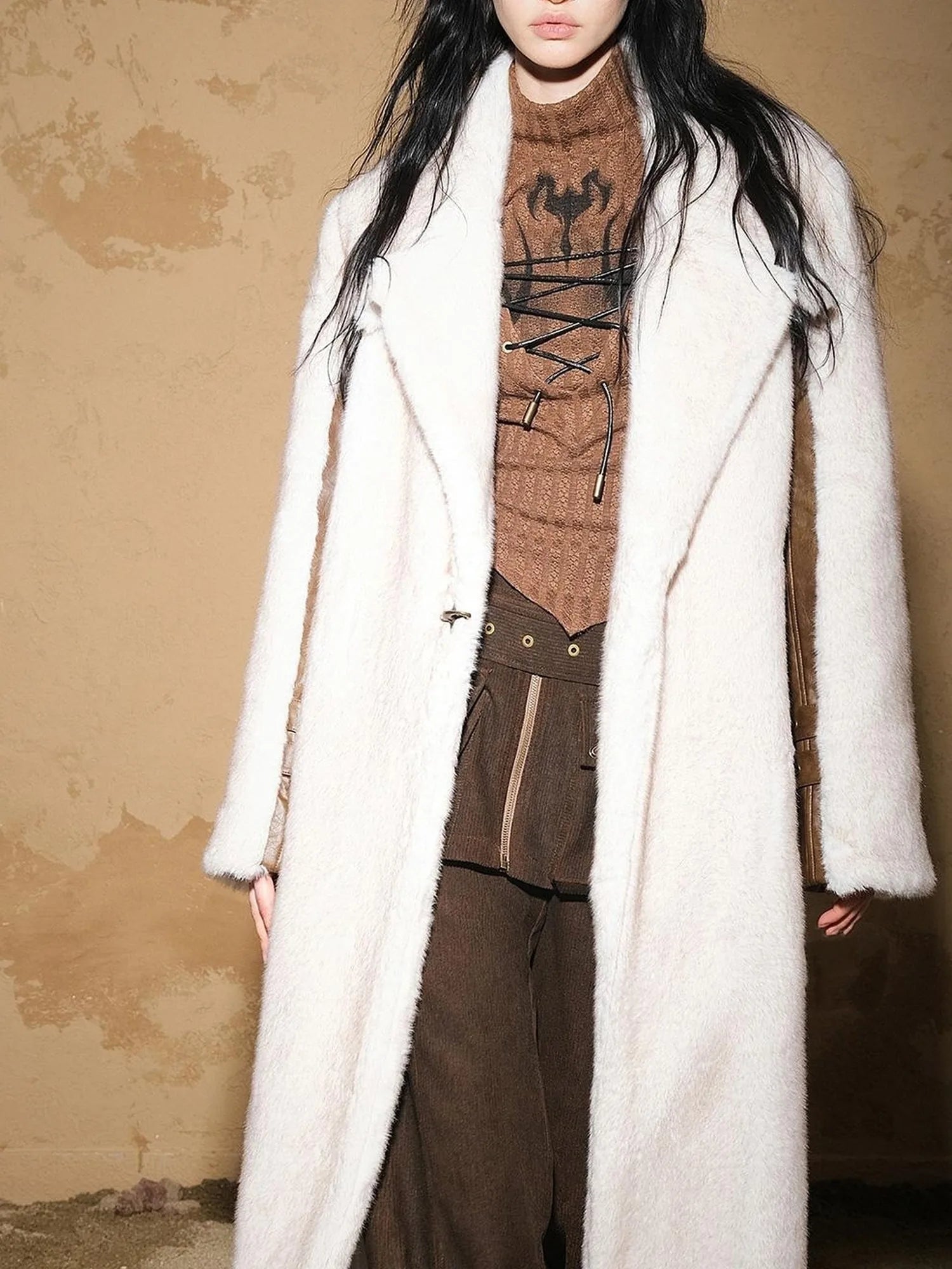 Astrological Patchwork Plush Long Coat V-neck T-shirt Long Sleeve