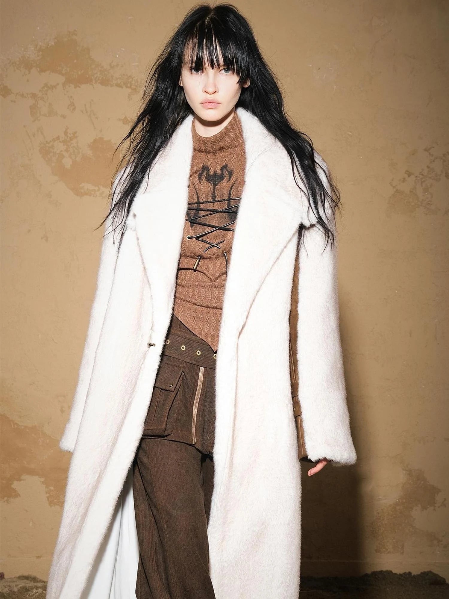 Astrological Patchwork Plush Long Coat V-neck T-shirt Long Sleeve