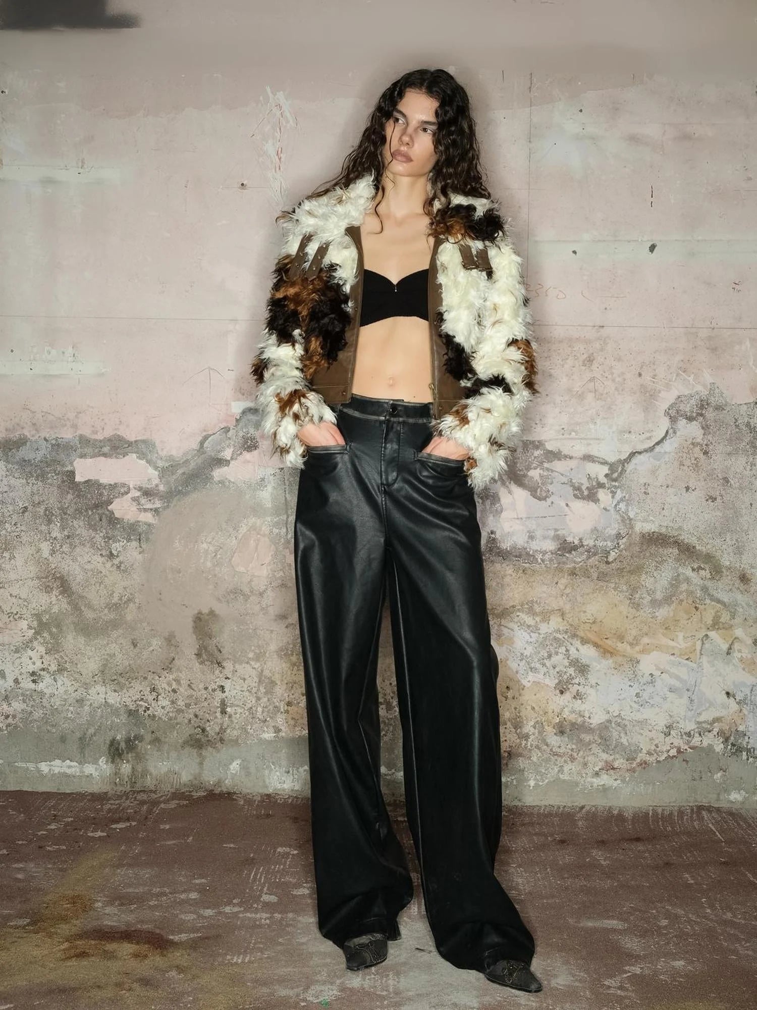 Astrological Patchwork Pu Leather Jacket V-neck T-shirt Long Sleeve