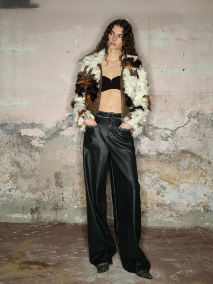 Astrological Patchwork Pu Leather Jacket V-neck T-shirt Long Sleeve