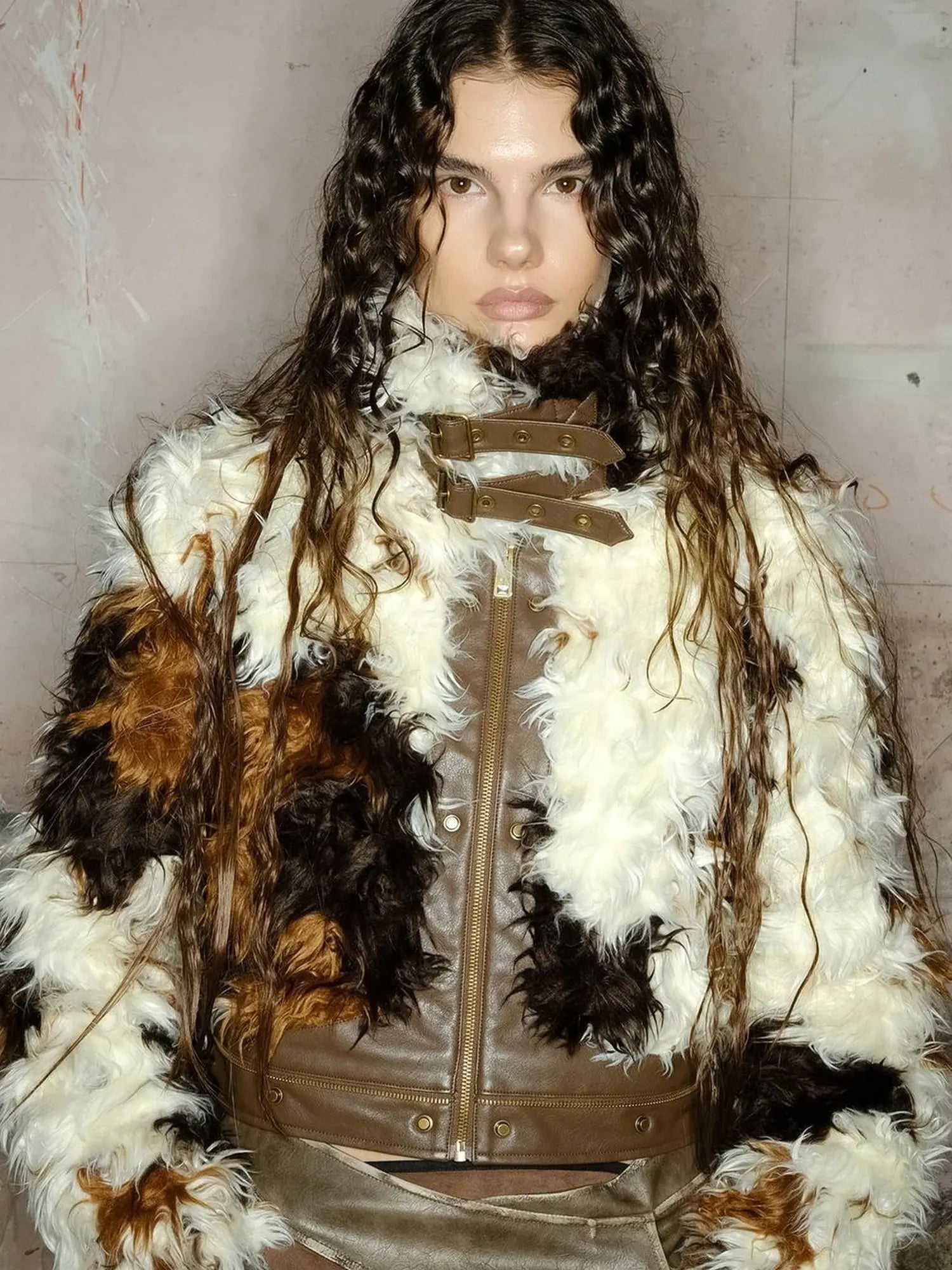 Astrological Patchwork Pu Leather Jacket V-neck T-shirt Long Sleeve