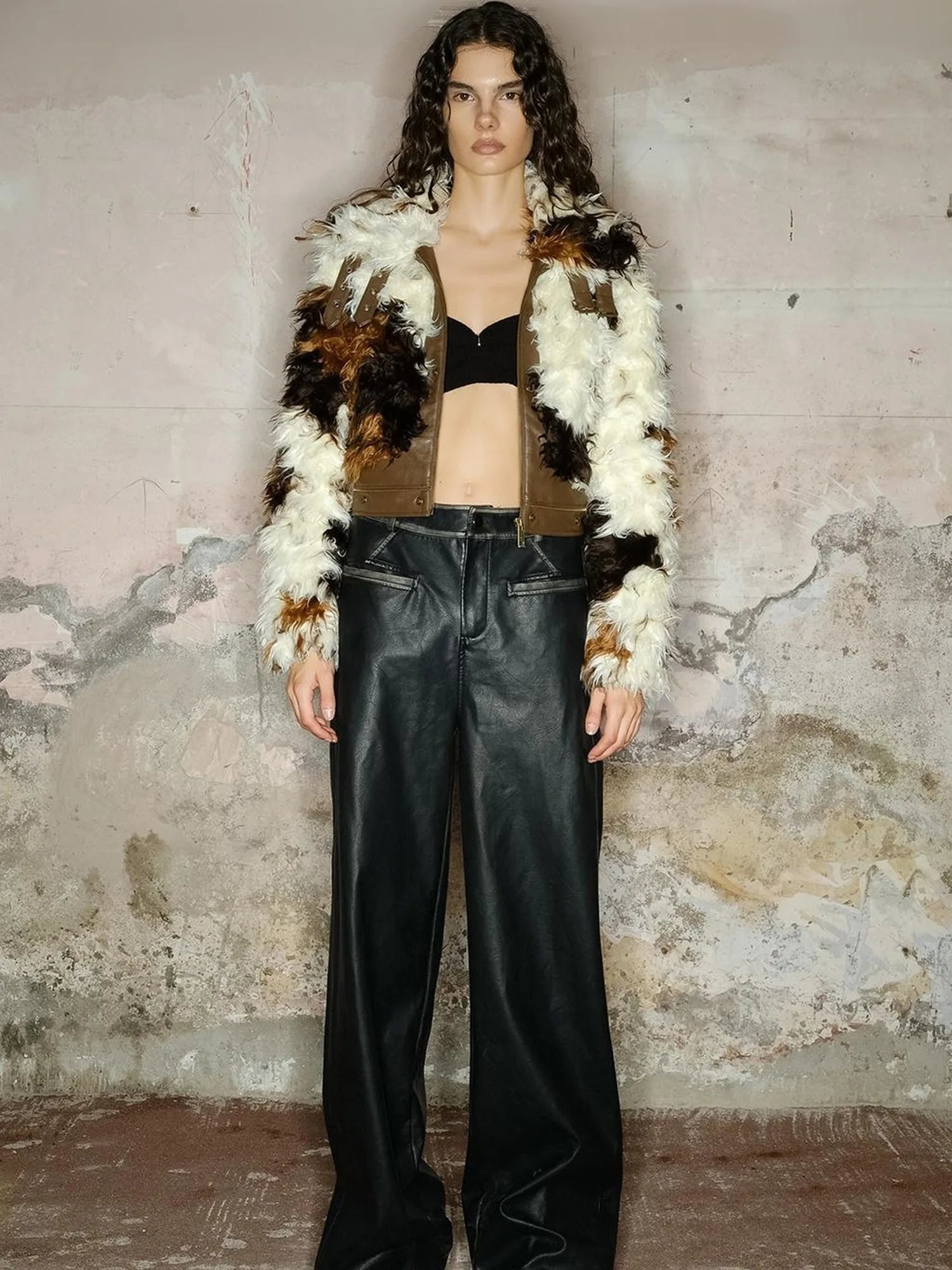 Astrological Patchwork Pu Leather Jacket V-neck T-shirt Long Sleeve