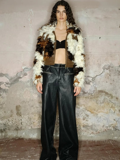 Astrological Patchwork Pu Leather Jacket V-neck T-shirt Long Sleeve