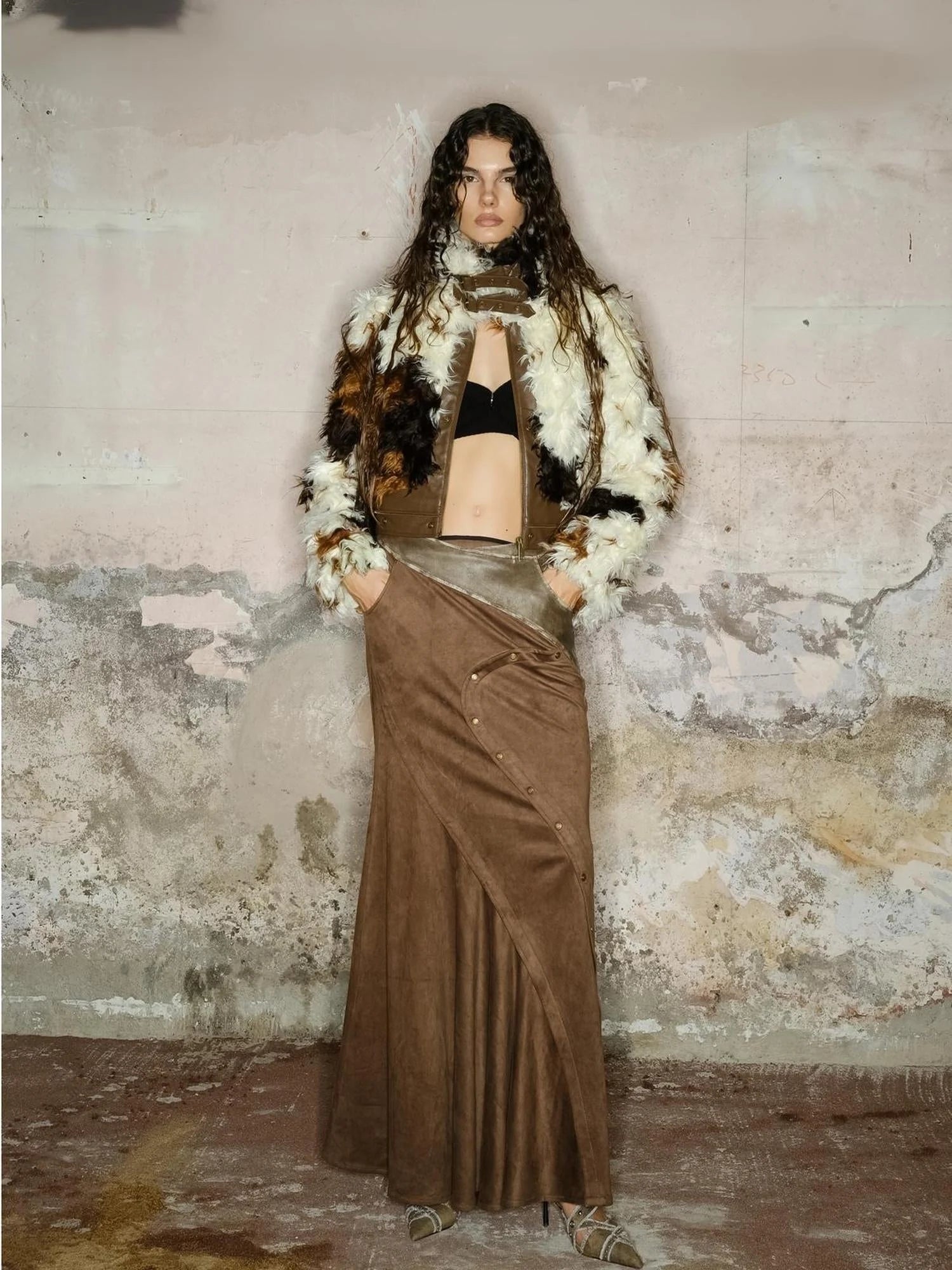 Astrological Patchwork Pu Leather Jacket V-neck T-shirt Long Sleeve