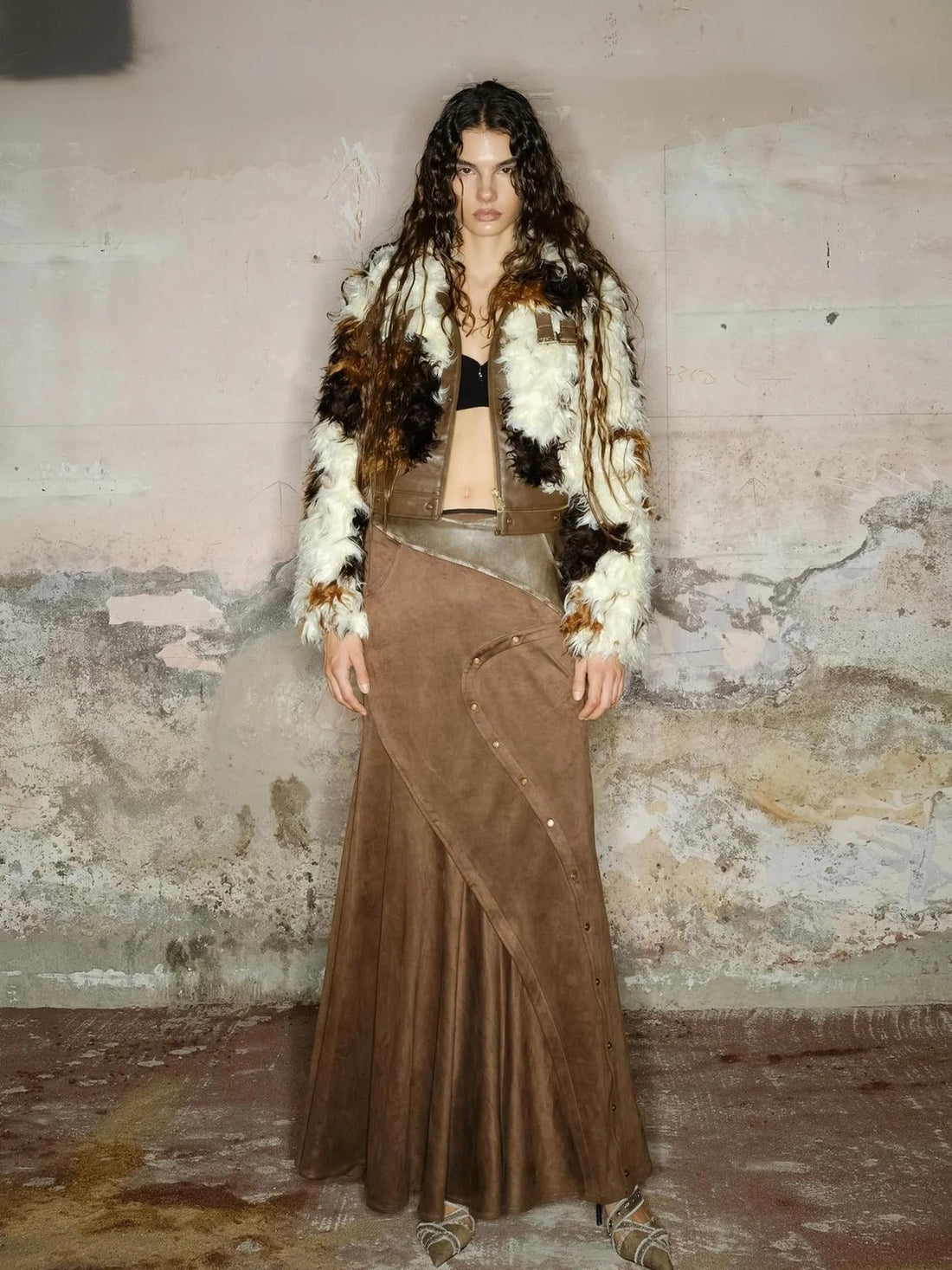 Astrological Patchwork Pu Leather Jacket V-neck T-shirt Long Sleeve