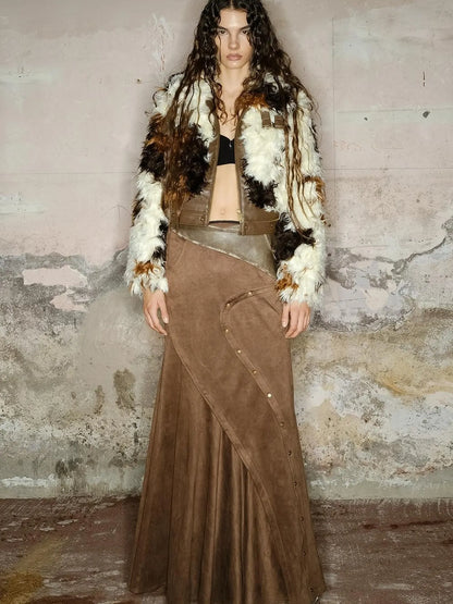 Astrological Patchwork Pu Leather Jacket V-neck T-shirt Long Sleeve