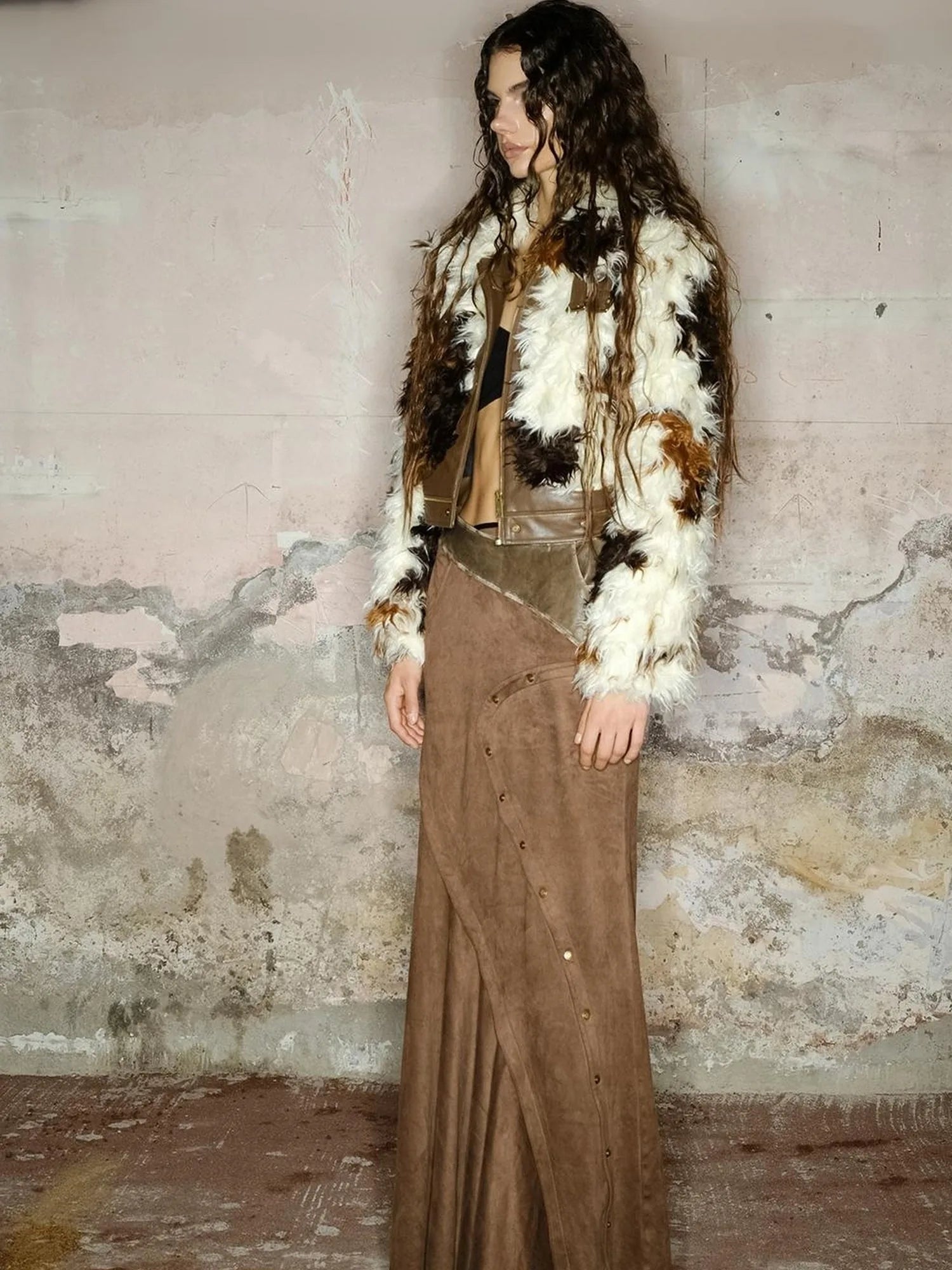 Astrological Patchwork Pu Leather Jacket V-neck T-shirt Long Sleeve