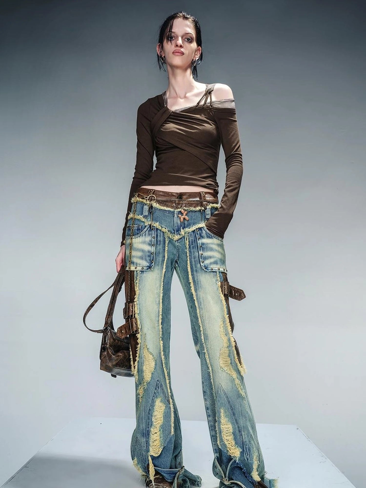 Asymmetric Neckline Ribbed Stretch Top V-neck T-shirt Long Sleeve