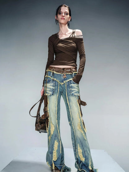 Asymmetric Neckline Ribbed Stretch Top V-neck T-shirt Long Sleeve