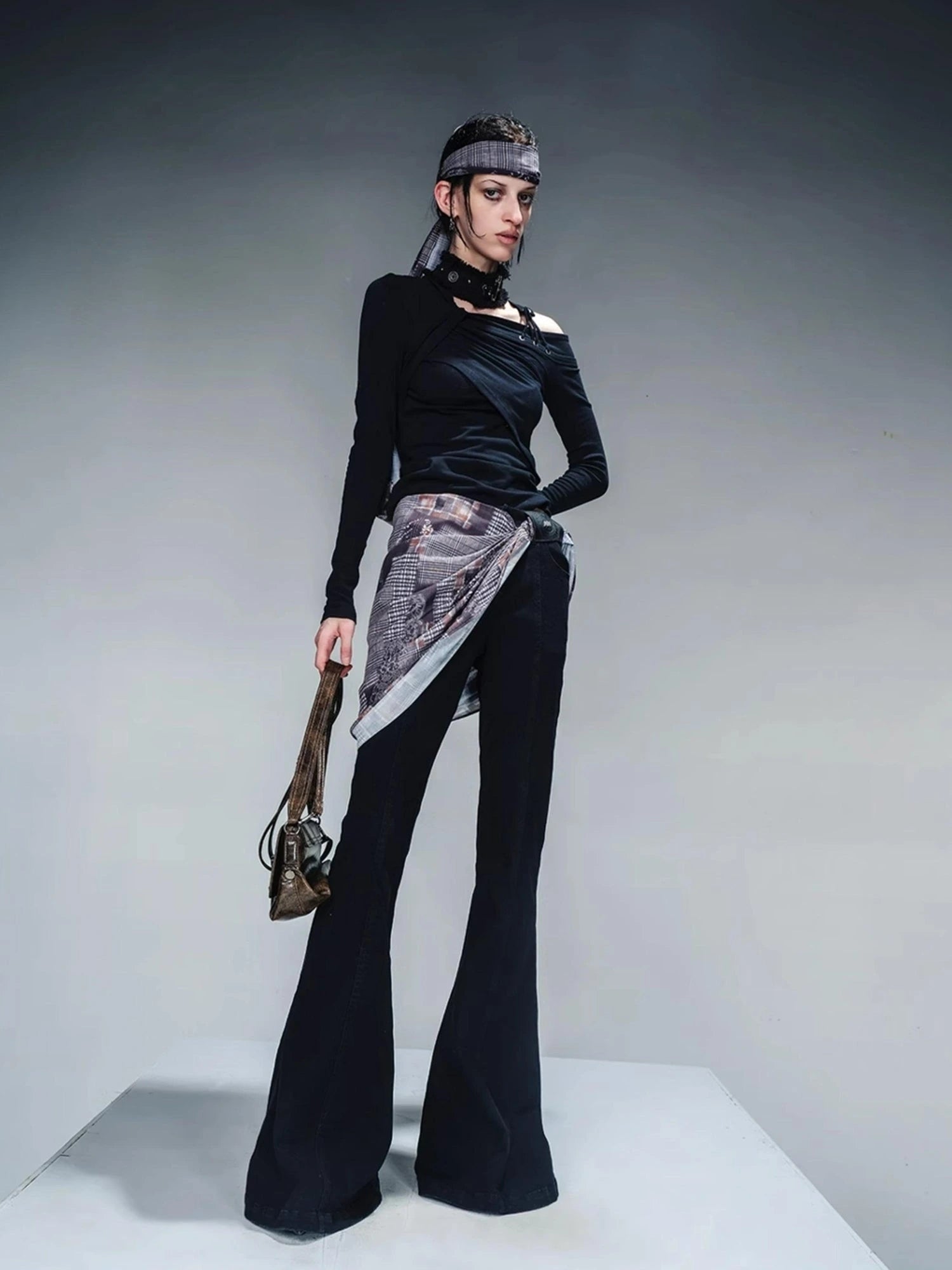 Asymmetric Neckline Ribbed Stretch Top V-neck T-shirt Long Sleeve