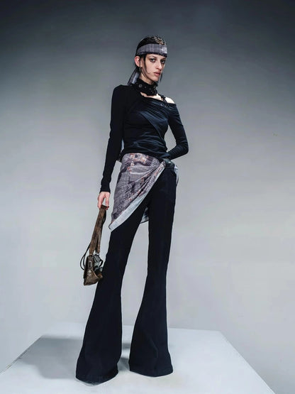 Asymmetric Neckline Ribbed Stretch Top V-neck T-shirt Long Sleeve