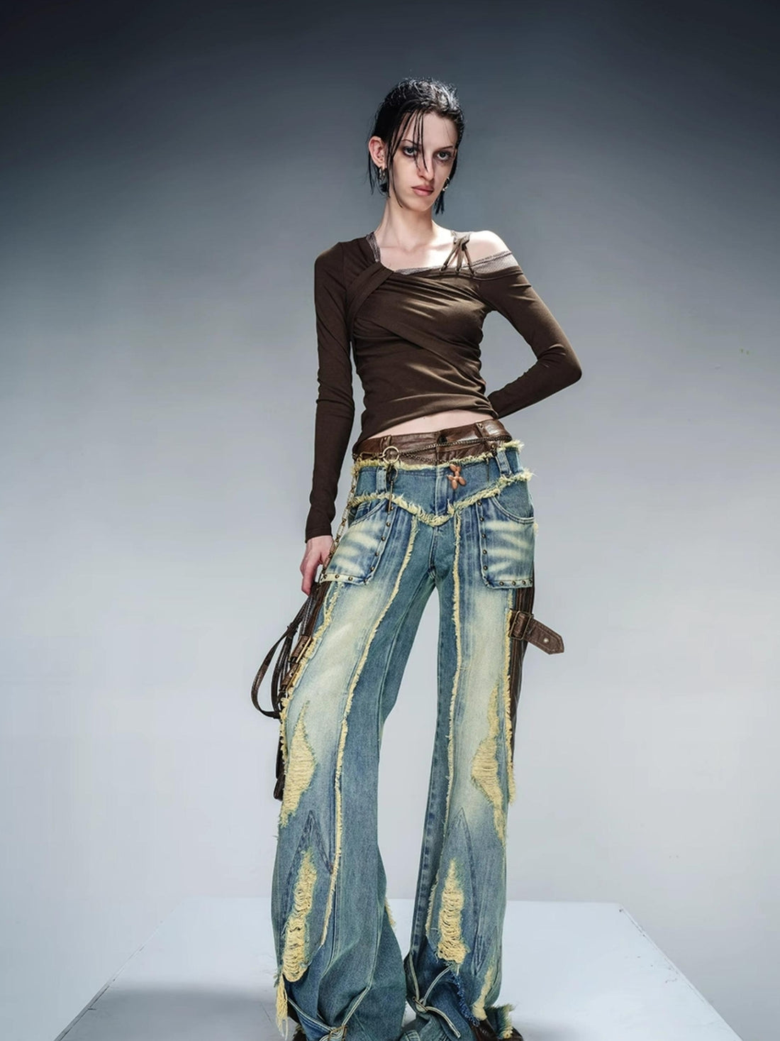 NN NORTH NODE Asymmetric Neckline Ribbed Stretch Top V-neck T-shirt Long Sleeve