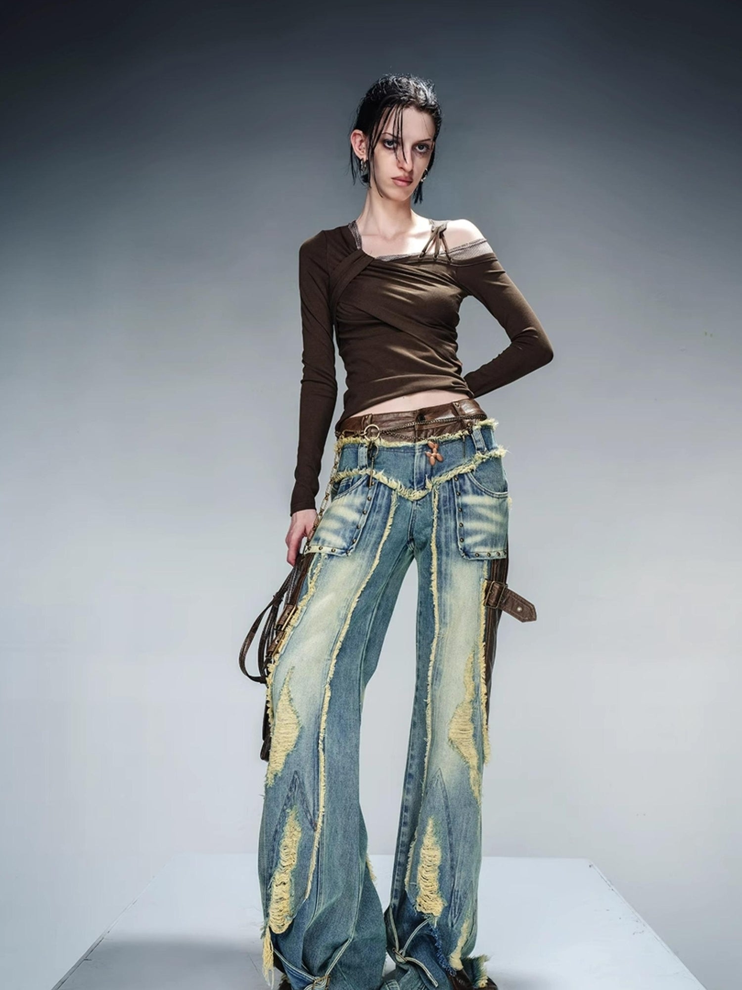 NN NORTH NODE Asymmetric Neckline Ribbed Stretch Top V-neck T-shirt Long Sleeve
