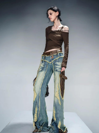 NN NORTH NODE Asymmetric Neckline Ribbed Stretch Top V-neck T-shirt Long Sleeve