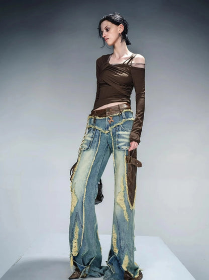 Asymmetric Neckline Ribbed Stretch Top V-neck T-shirt Long Sleeve