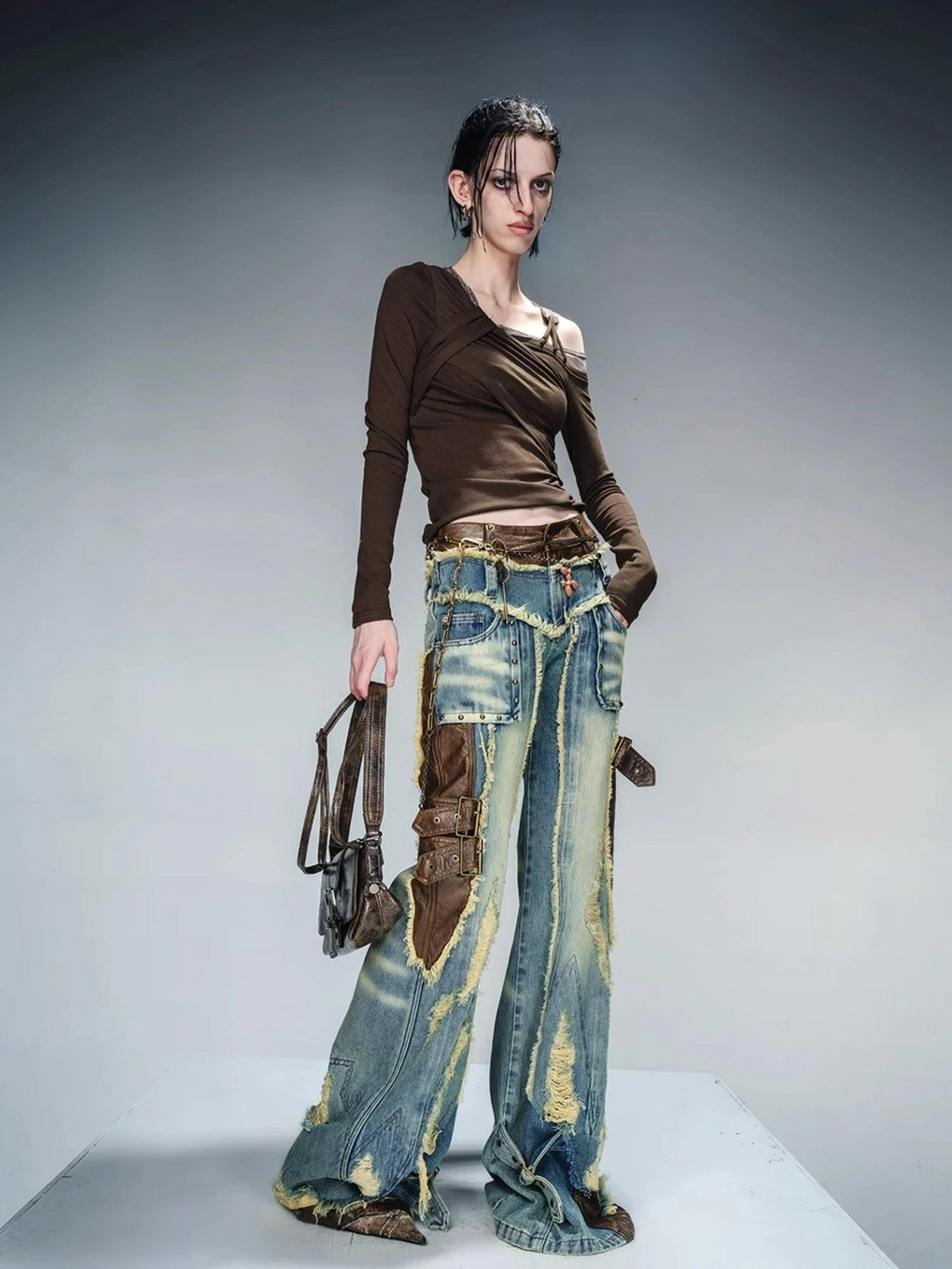 Asymmetric Neckline Ribbed Stretch Top V-neck T-shirt Long Sleeve