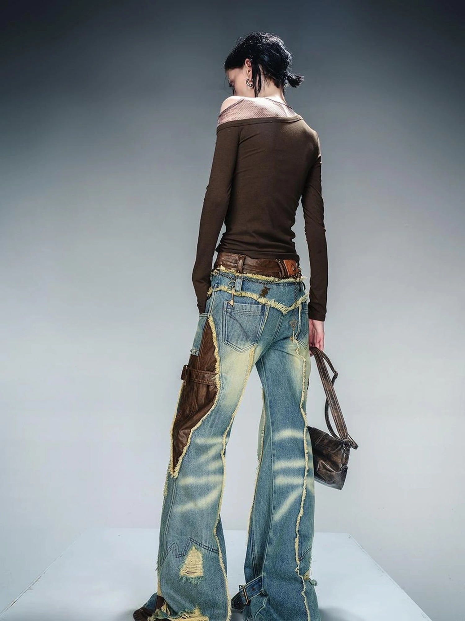 Asymmetric Neckline Ribbed Stretch Top V-neck T-shirt Long Sleeve