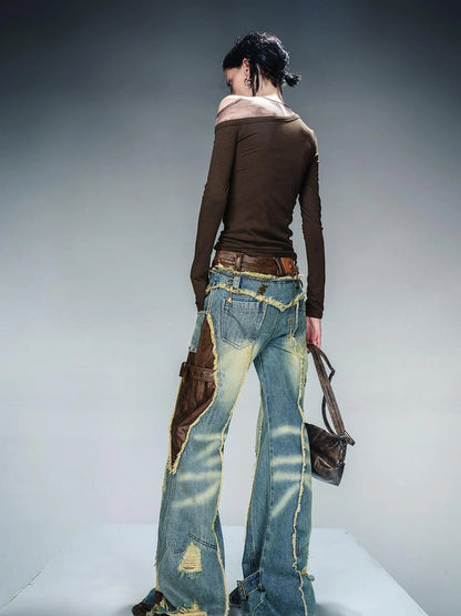 Asymmetric Neckline Ribbed Stretch Top V-neck T-shirt Long Sleeve