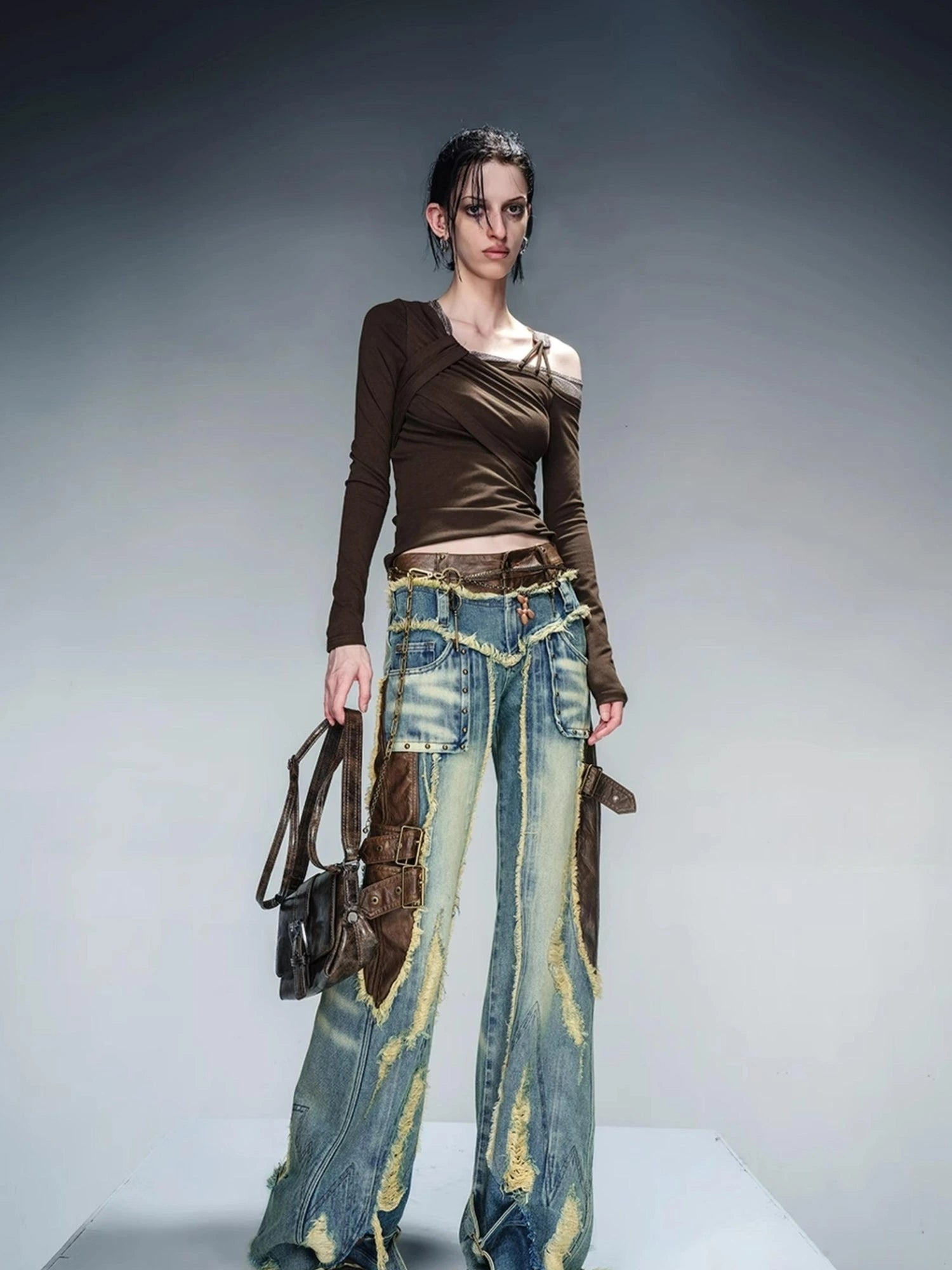 Asymmetric Neckline Ribbed Stretch Top V-neck T-shirt Long Sleeve