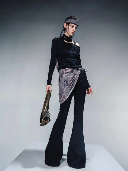 Asymmetric Neckline Ribbed Stretch Top V-neck T-shirt Long Sleeve