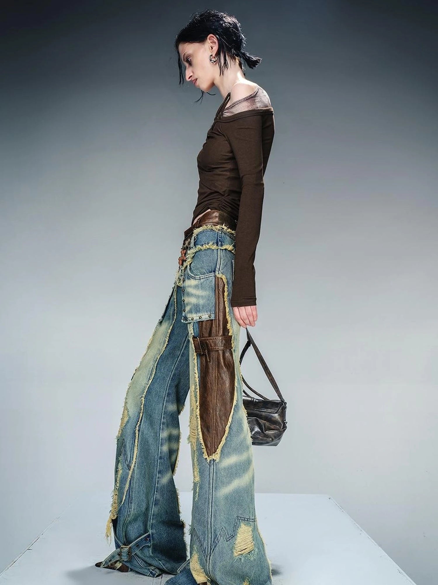 Asymmetric Neckline Ribbed Stretch Top V-neck T-shirt Long Sleeve