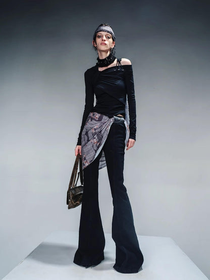 NN NORTH NODE Asymmetric Neckline Ribbed Stretch Top V-neck T-shirt Long Sleeve