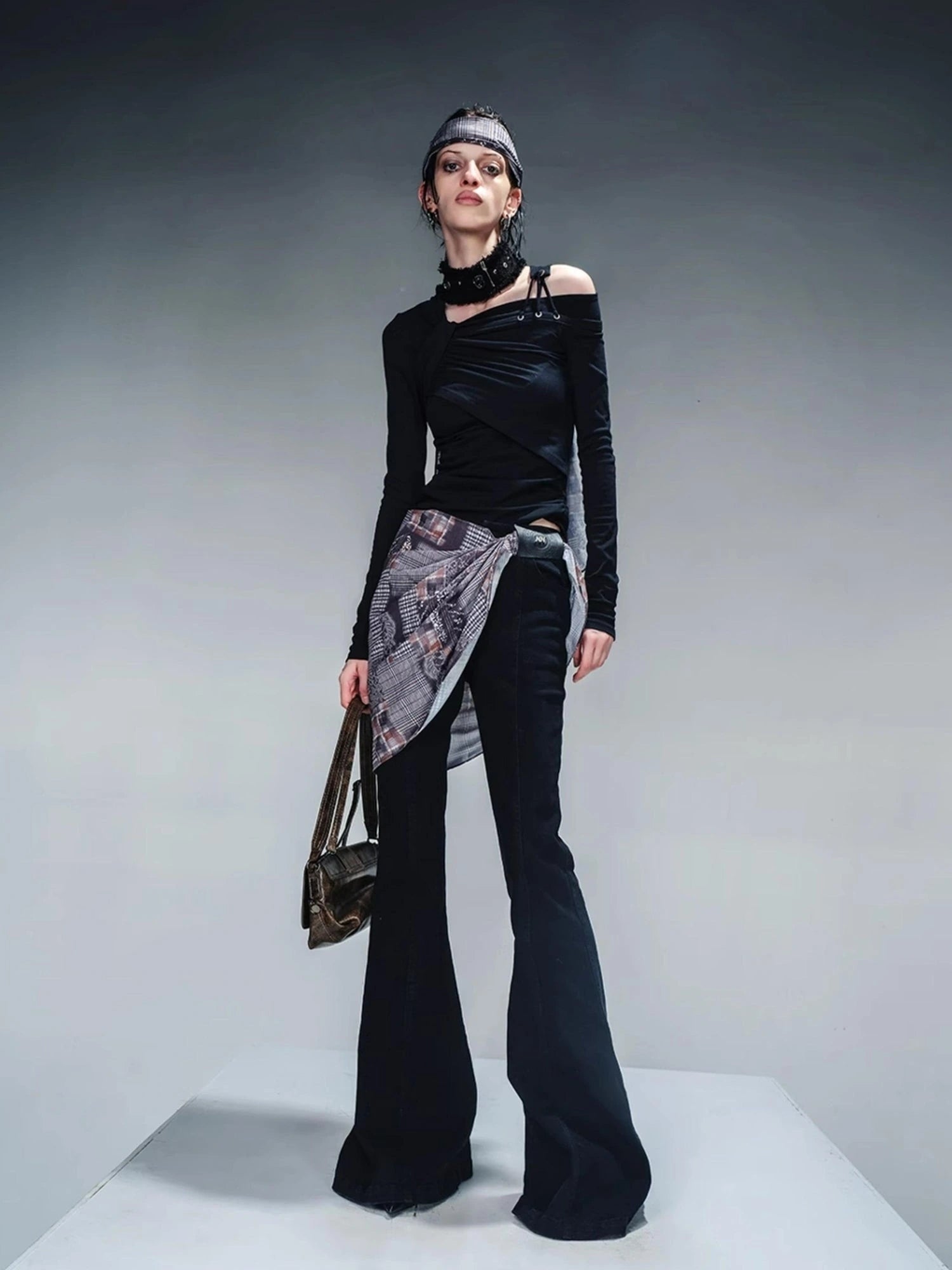 Asymmetric Neckline Ribbed Stretch Top V-neck T-shirt Long Sleeve