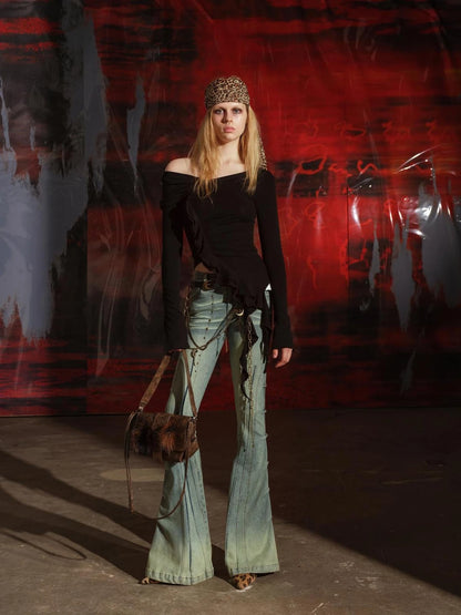 Asymmetric Ruffle Hem T-shirt With Colorful Details