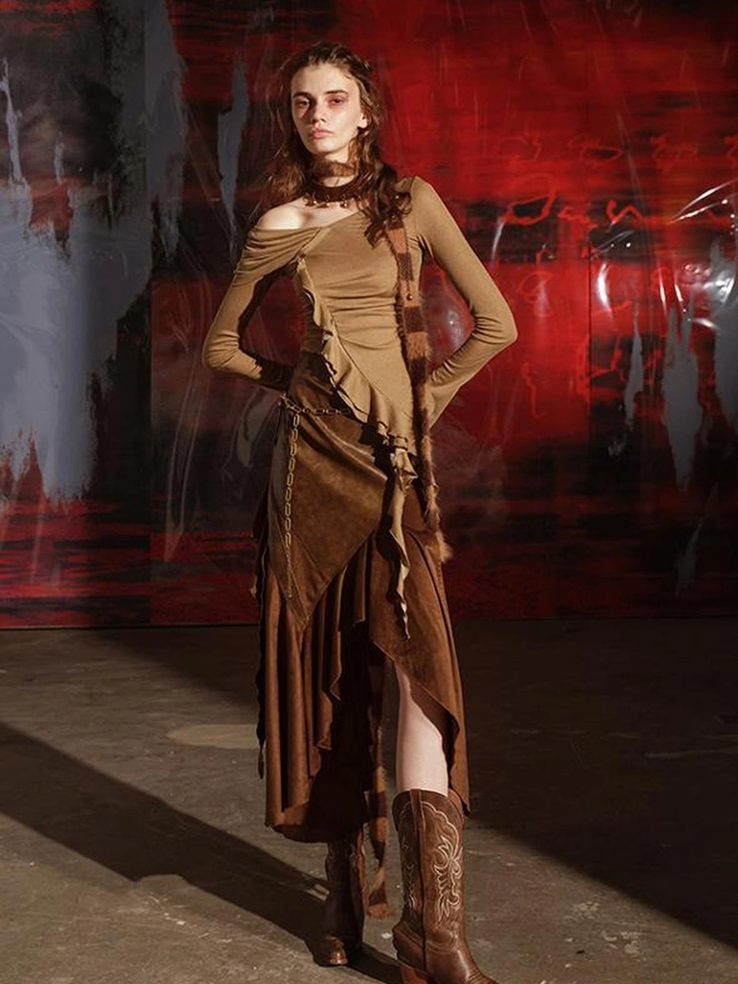 Asymmetric Ruffle Hem T-shirt With Colorful Details