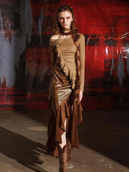 Asymmetric Ruffle Hem T-shirt With Colorful Details