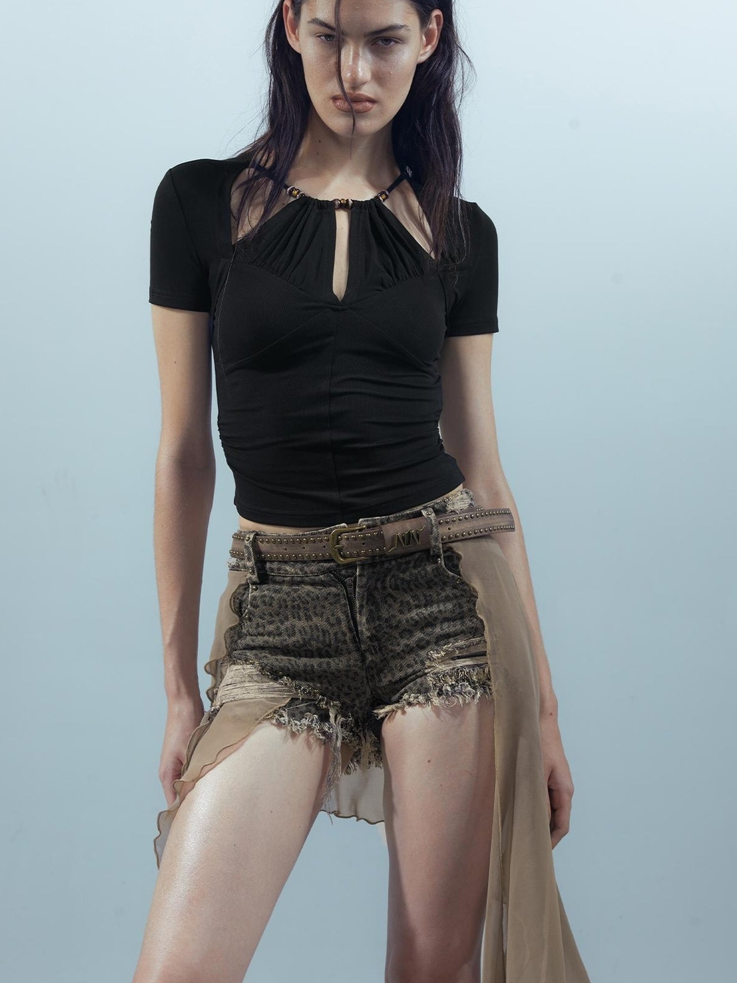 UpdateNN NORTH NODE Blooming Pleats Beaded Mock Neck Modal Tee
