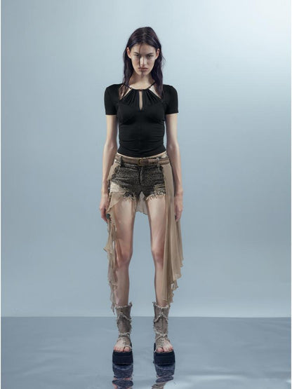 UpdateNN NORTH NODE Blooming Pleats Beaded Mock Neck Modal Tee