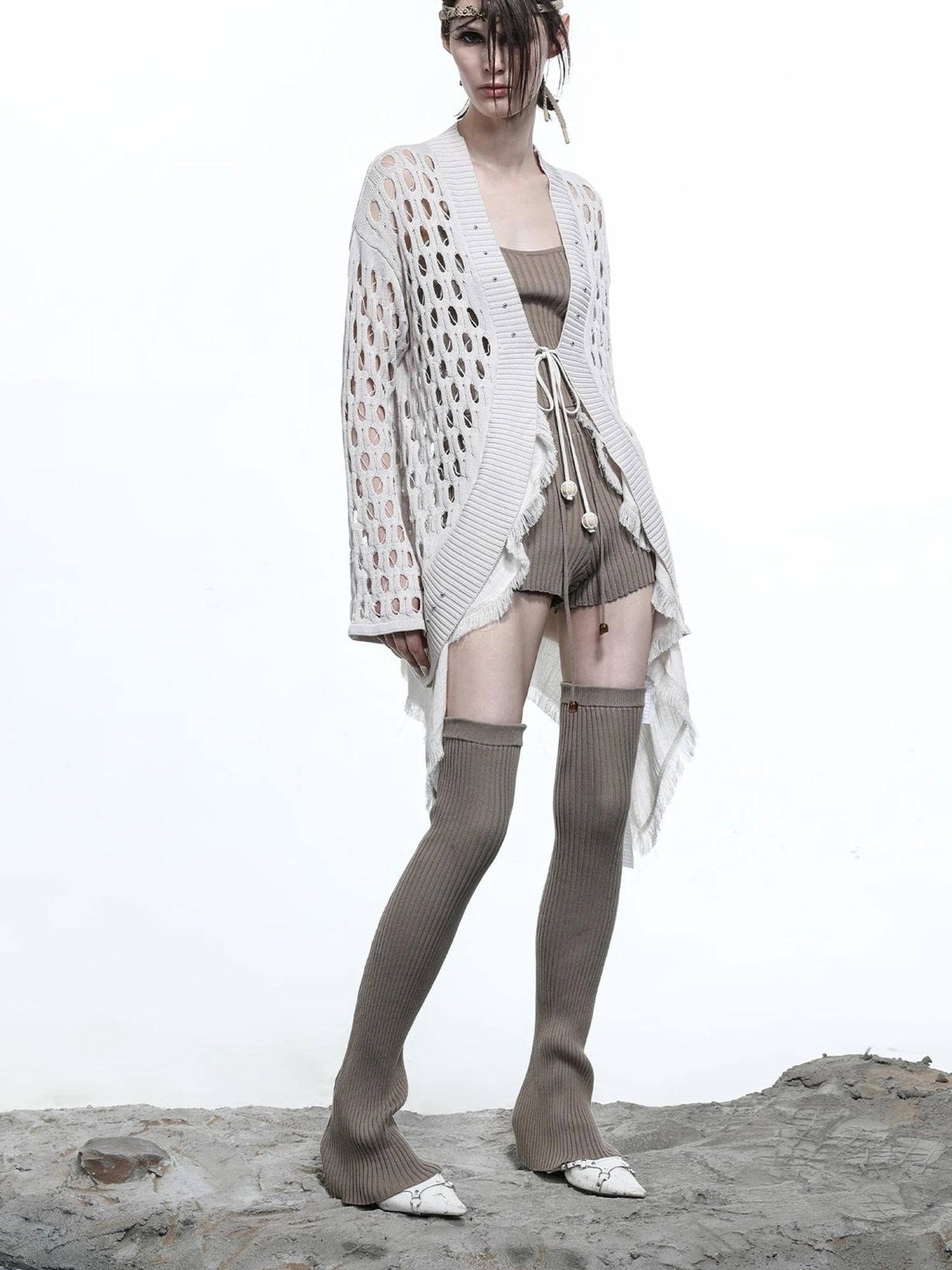 Celestial Mesh Knit Cardigan With Lotus Edge