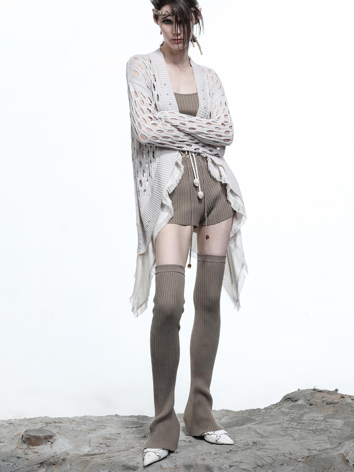 NN NORTH NODE Celestial Mesh Knit Cardigan With Lotus Edge