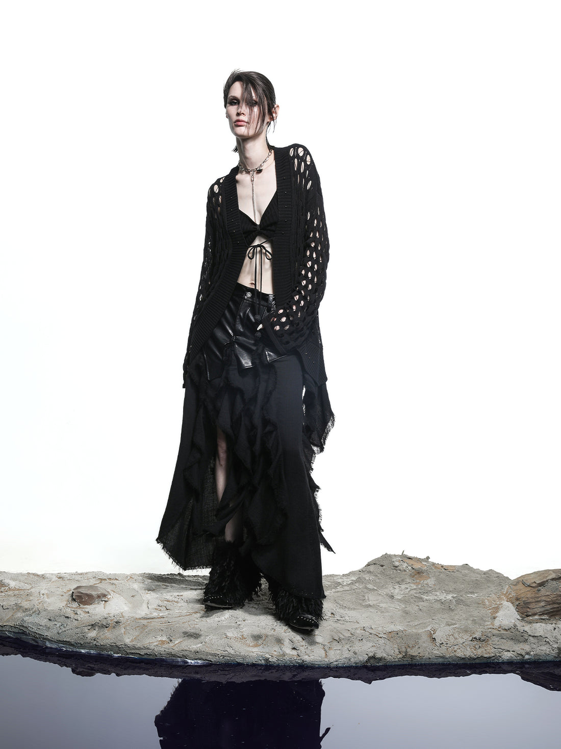 NN NORTH NODE Celestial Mesh Knit Cardigan With Lotus Edge