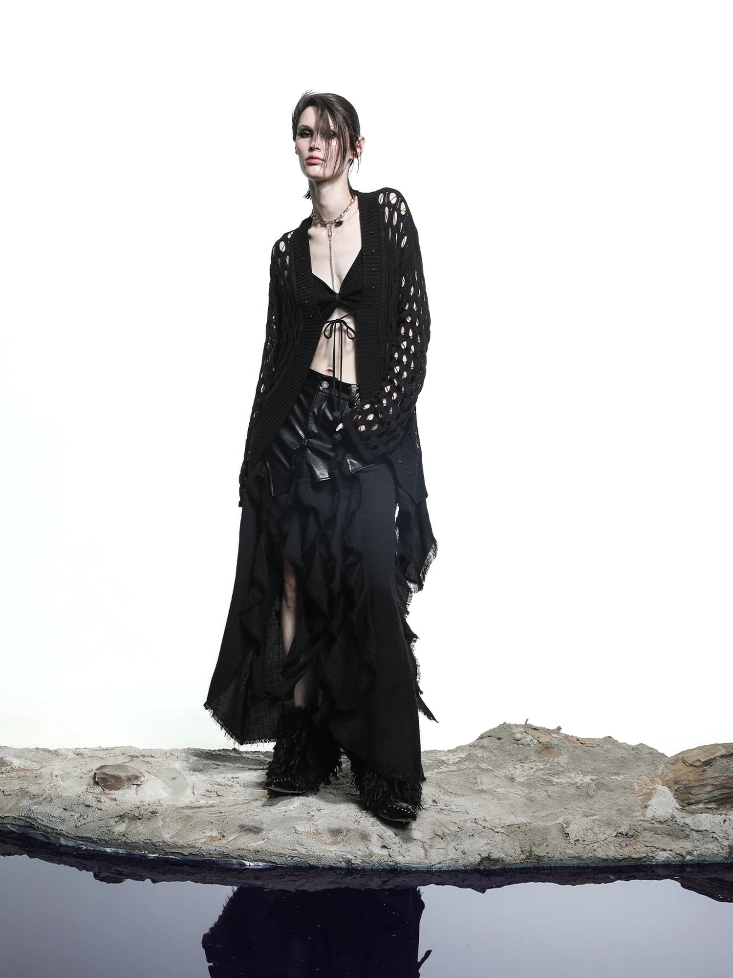 Celestial Mesh Knit Cardigan With Lotus Edge