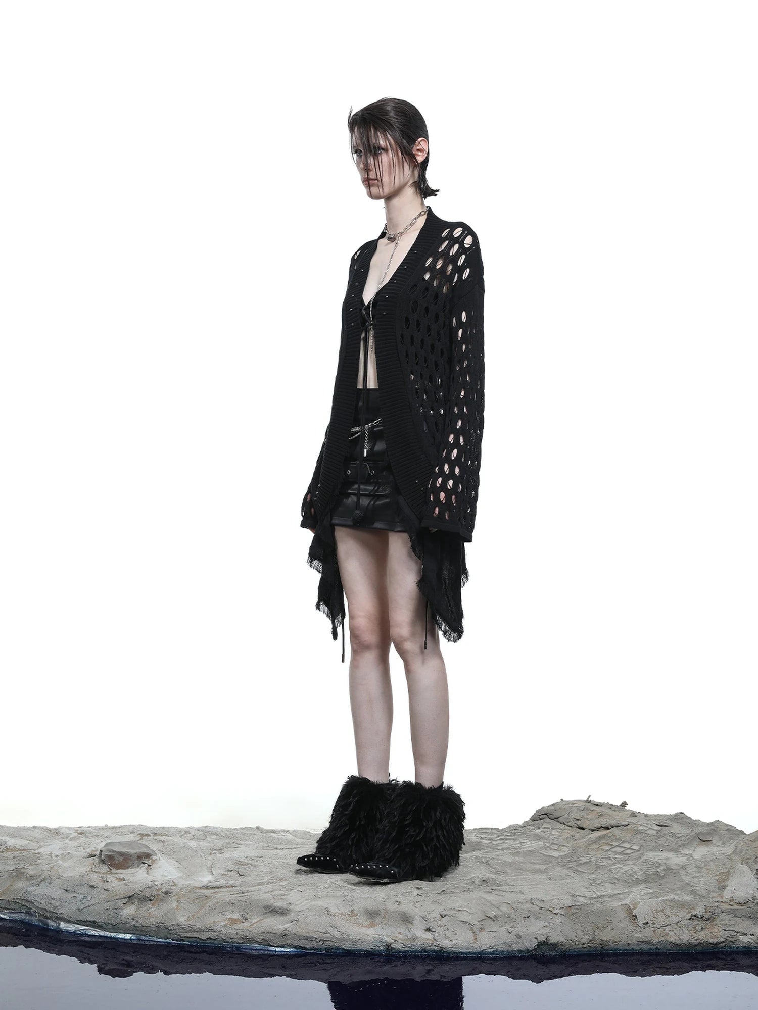 Celestial Mesh Knit Cardigan With Lotus Edge