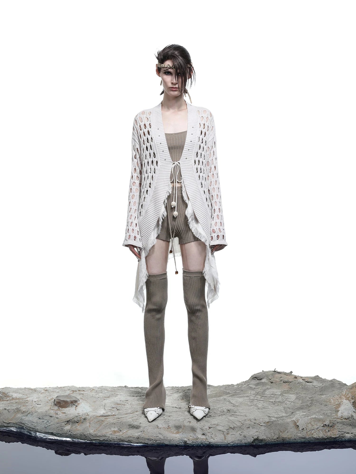 Celestial Mesh Knit Cardigan With Lotus Edge