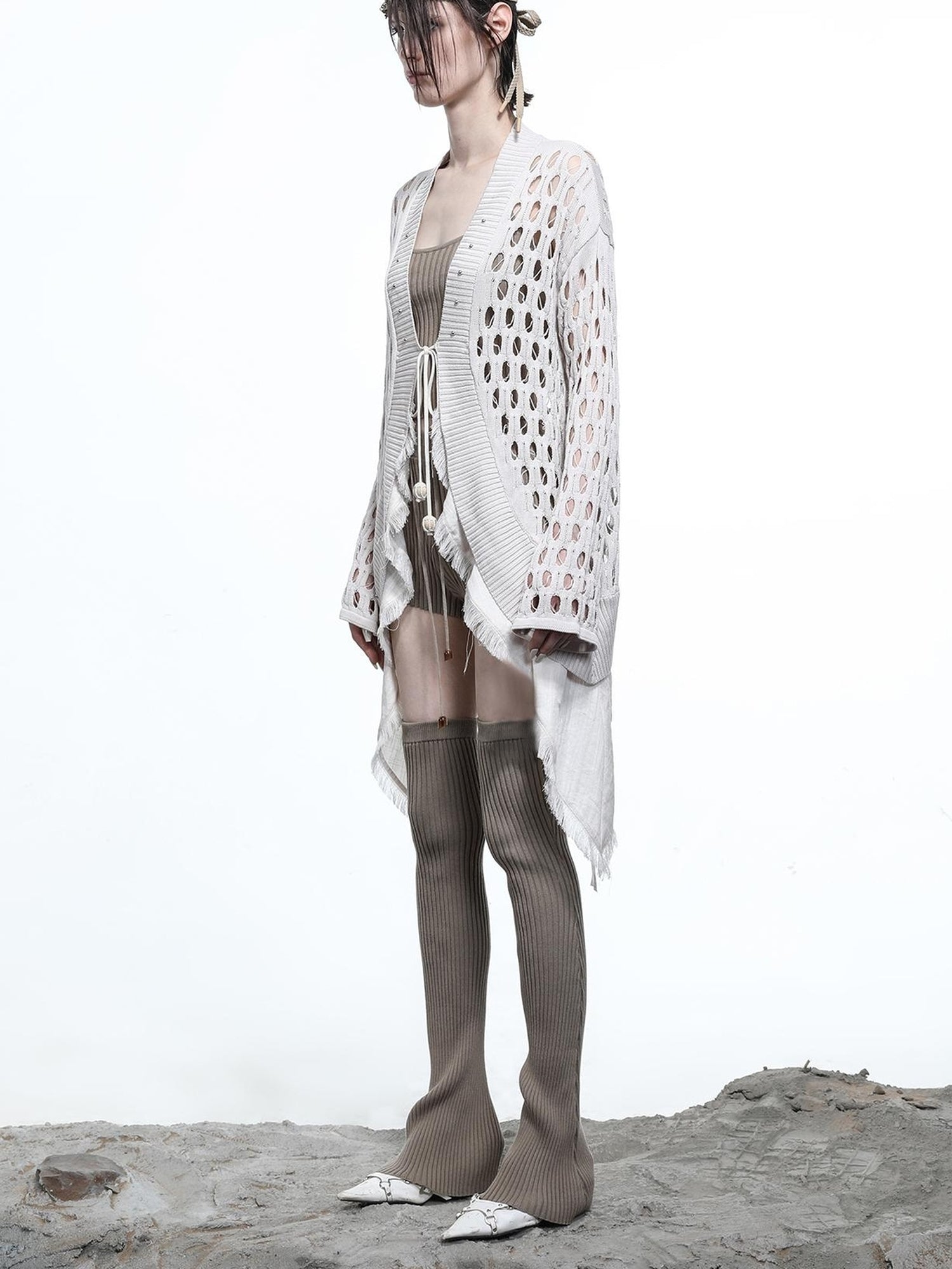 NN NORTH NODE Celestial Mesh Knit Cardigan With Lotus Edge