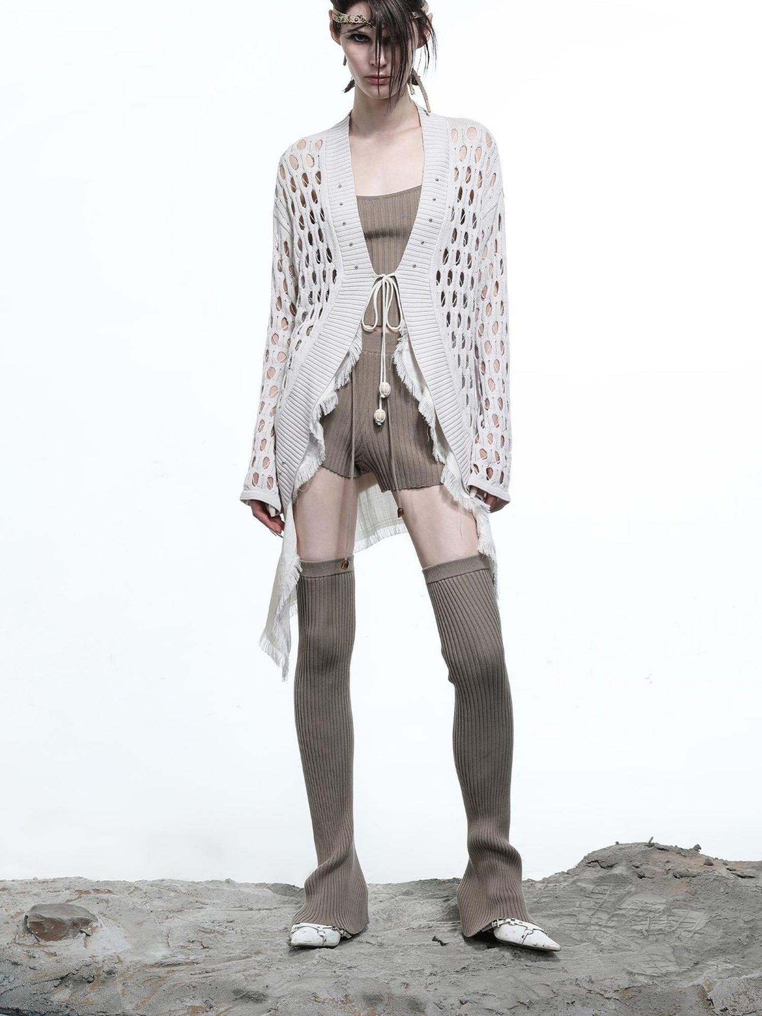 NN NORTH NODE Celestial Mesh Knit Cardigan With Lotus Edge
