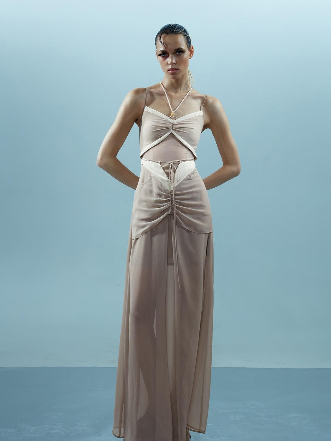 NN NORTH NODE Chiffon Gather Beaded Strap V-neck Dress