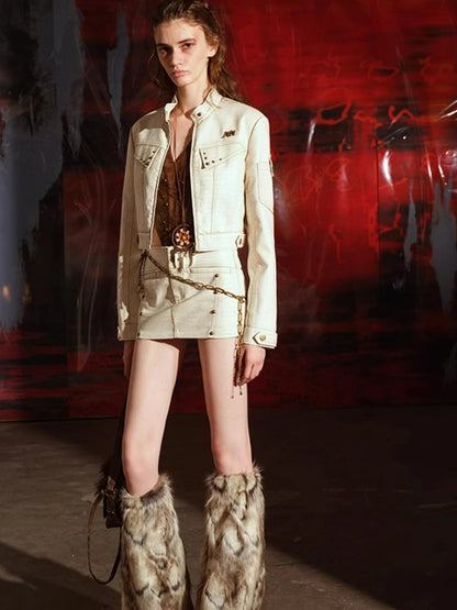 Crocodile Texture Leather Jacket Skirt Set