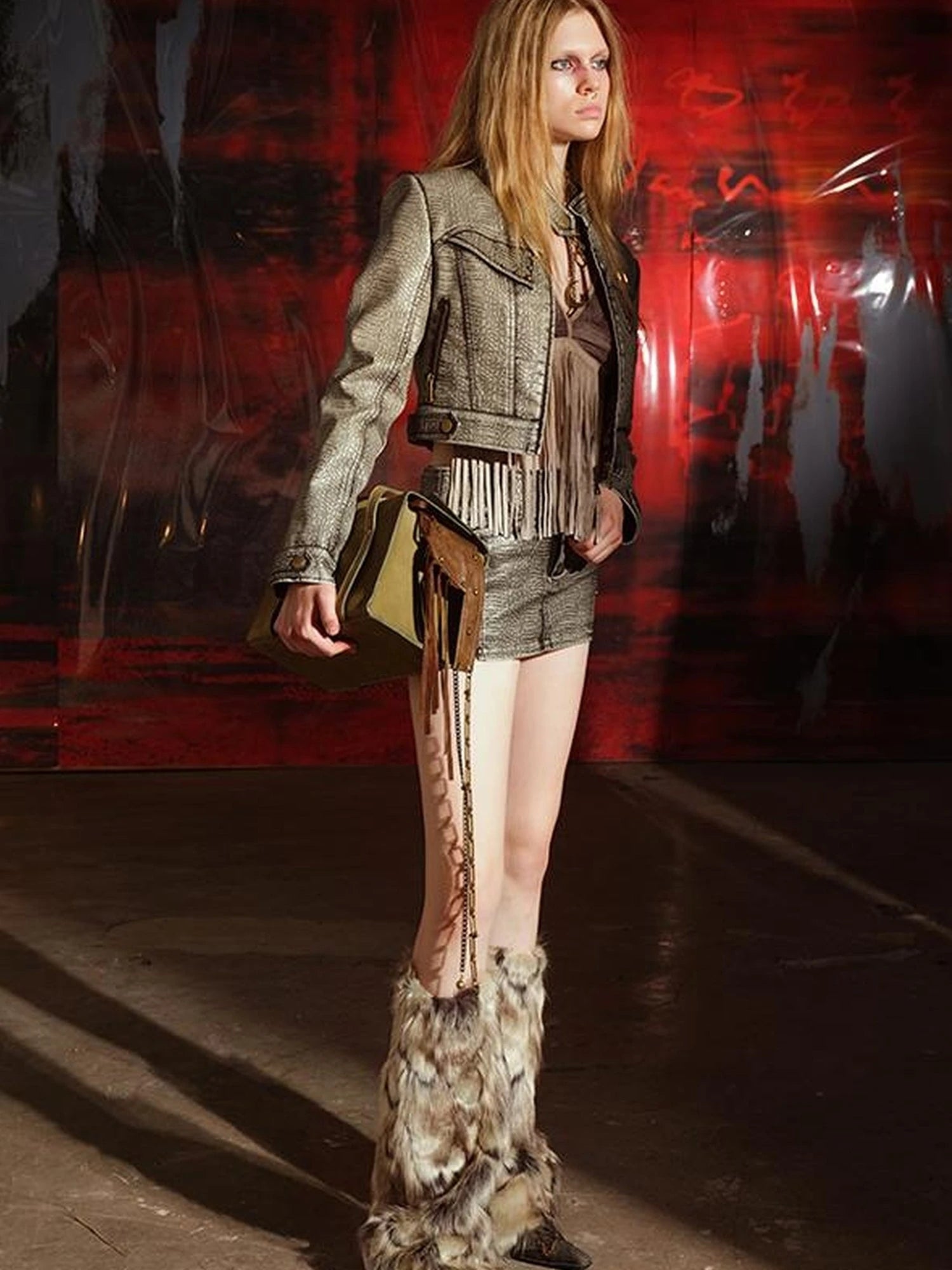 Crocodile Texture Leather Jacket Skirt Set