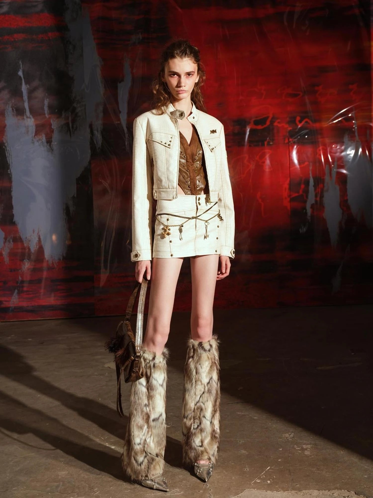 Crocodile Texture Leather Jacket Skirt Set