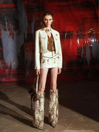 Crocodile Texture Leather Jacket Skirt Set